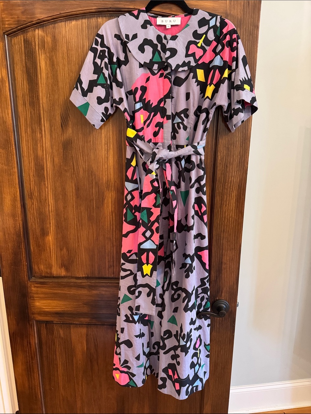 Buru Lavender Abstract Print Maxi Dress with Waist Tie